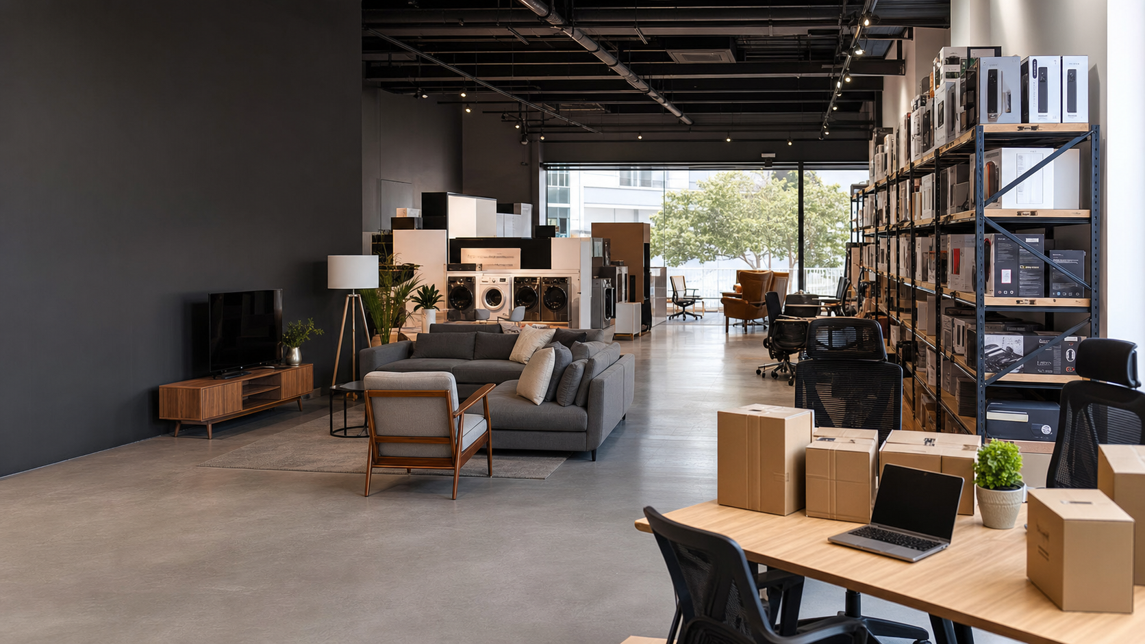 Curated wholesale showroom with furniture, appliances, and office supply